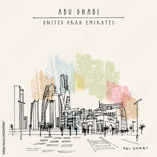 Vector artistic Abu Dhabi, United Arab Emirates postcard. Downtown skyscrapers panorama. Hand drawing. Travel sketch. Vintage square format touristic greeting card, poster, brochure illustration