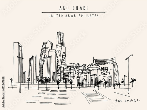 Vector artistic Abu Dhabi, United Arab Emirates postcard. Downtown skyscrapers panorama. Hand drawing. Travel sketch. Vintage horizontal format touristic greeting card, poster, brochure illustration