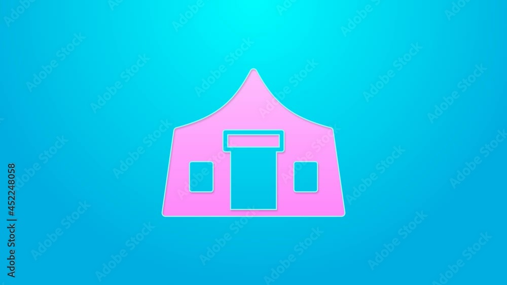 Pink line Tourist tent icon isolated on blue background. Camping symbol. 4K Video motion graphic animation