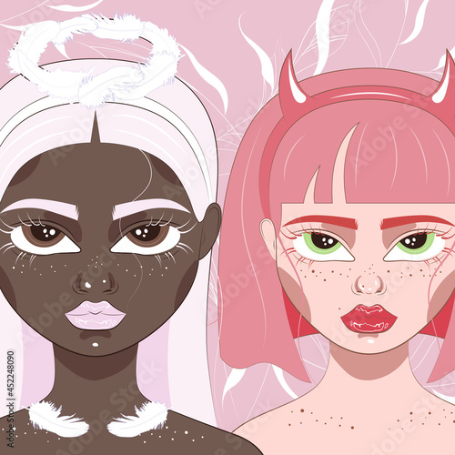 Angel and demon. Dark-skinned girl angel and light-skinned girl demon