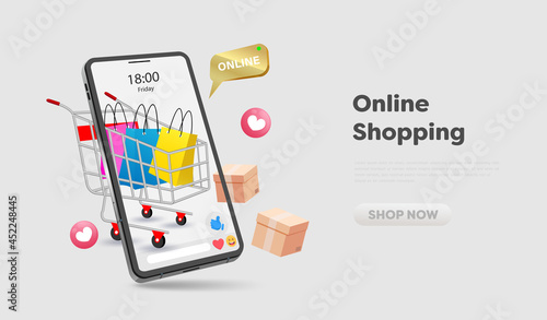 Online shopping store on website and mobile phone design. Smart business marketing concept. Horizontal view. Vector Illustration