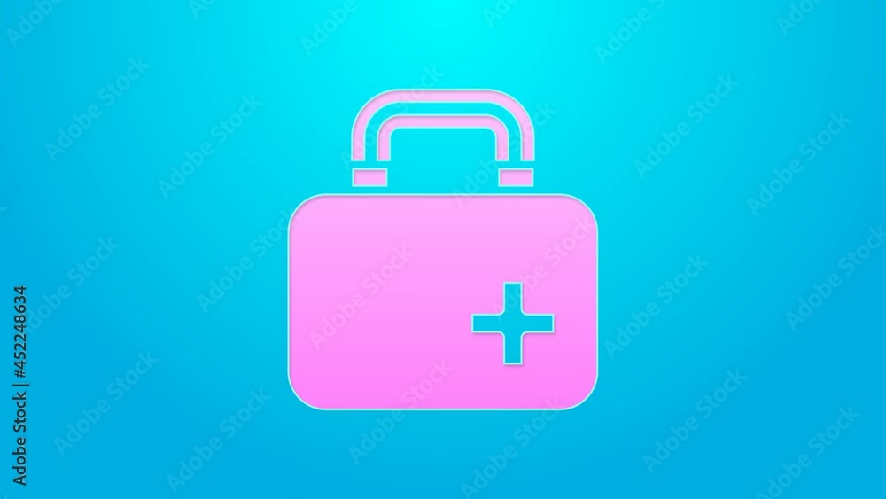 Pink line First aid kit icon isolated on blue background. Medical box with cross. Medical equipment for emergency. Healthcare concept. 4K Video motion graphic animation Pink line First aid kit icon isolated on blue background. Medical box with cross. Medical equipment for emergency. Healthcare concept. 4K Video motion graphic animation