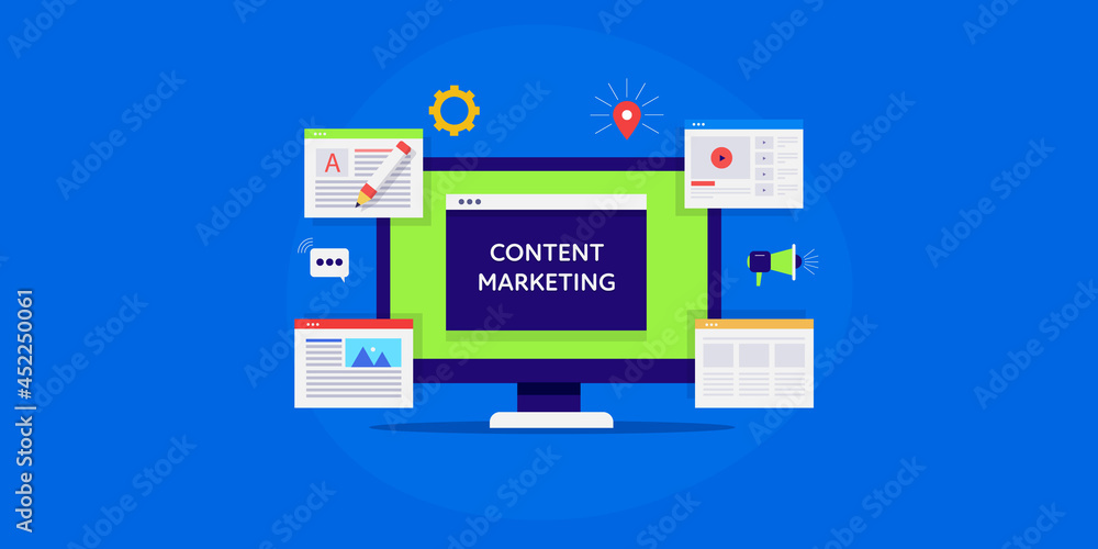 Content marketing infographic style illustration, different format of content, blog content, video media, image solution, company website using multi media content, online audience engagement concept. Content marketing infographic style illustration, different format of content, blog content, video media, image solution, company website using multi media content, online audience engagement concept.