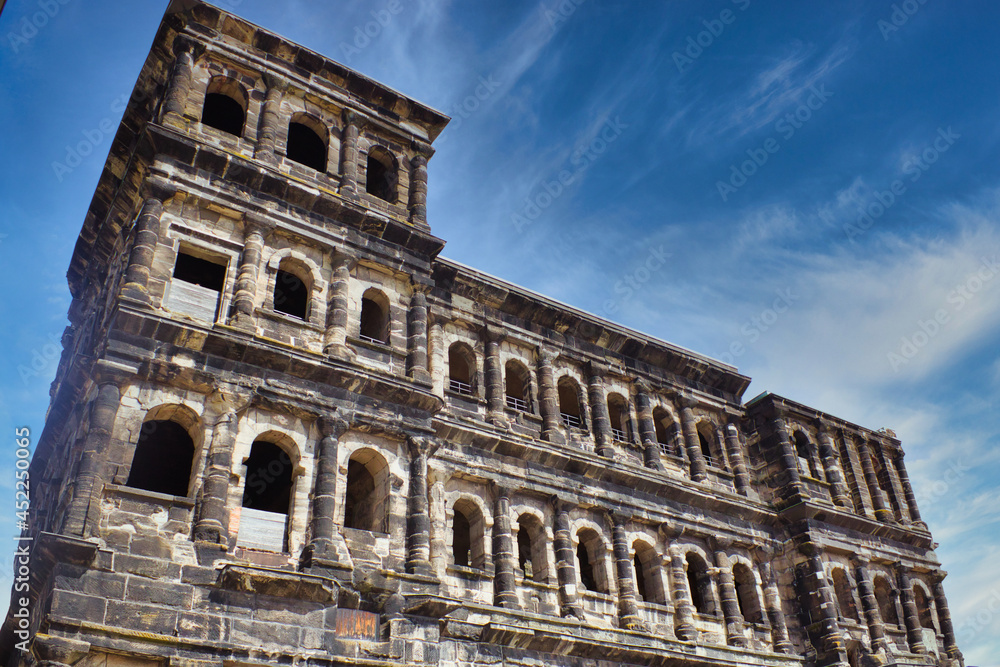 Front view of the Porta Nigra, a well preserved portal of the Roman Empire, and the most famous landmark in Trier, the oldest city in Germany
