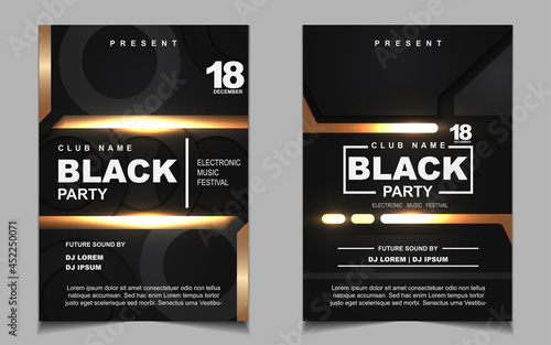 Luxury night dance party music layout cover design template background with elegant black and gold style. Light electro style vector for music event concert disco, club invitation, festival poster