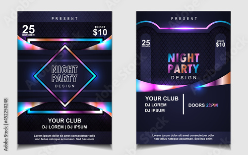 Night dance party music layout cover design template background with colorful dark blue glitters style. Light electro vector for music event concert disco, club invitation, festival poster, flyer