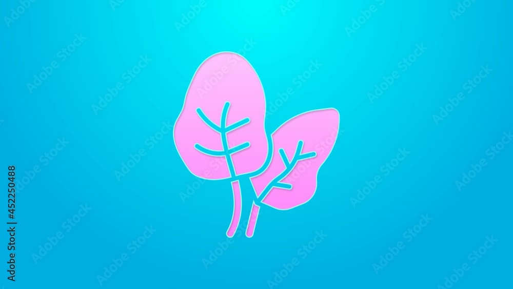 Pink line Tropical leaves of palm tree icon isolated on blue background. 4K Video motion graphic animation Pink line Tropical leaves of palm tree icon isolated on blue background. 4K Video motion graphic animation