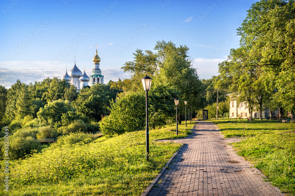 View of the park and domes of St. Sophia Cathedral in Vologda