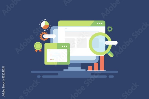 Website on page seo optimization, web coding seo meta tags, seo content development and search engine optimization concept, flat design web banner template.