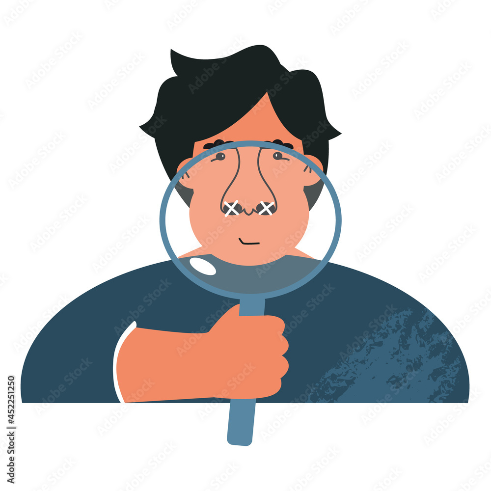 Anosmia loss sense of smell and long covid concept. Sick man lost his sense of smell. Male with big nose in magnifying glass. Bad sniffing, olfactory, illness nasal receptor. Flat vector illustration