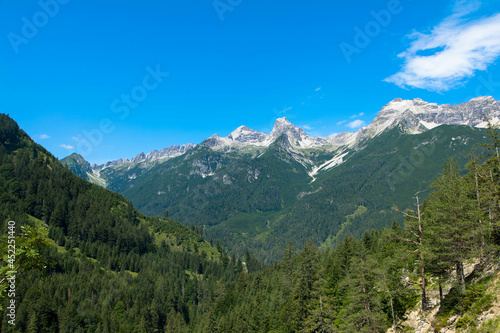 Spectacular panorama view in the middle of the wide, sparsely populated mountain ridge between the Lech and Inntal valleys. Bschlabertal and and Hahntennjoch. Tyrol, Austria.