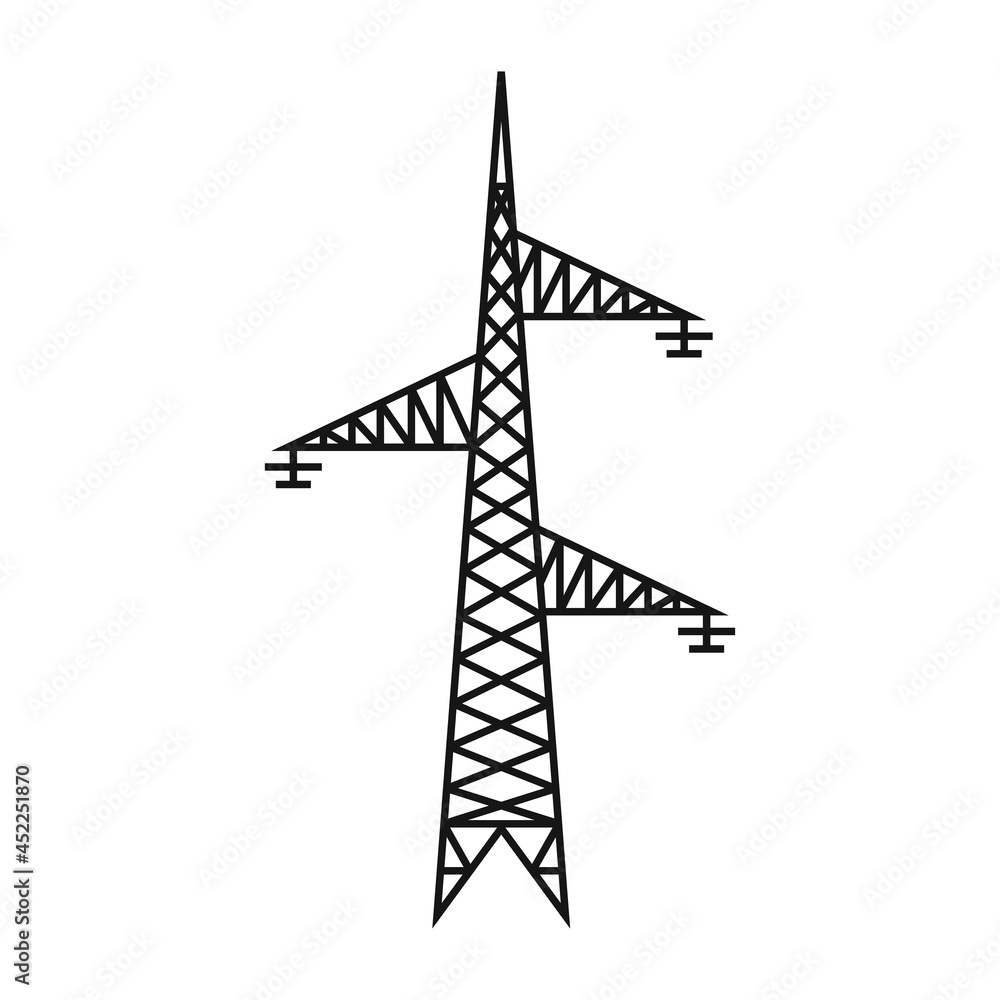 Electric tower. A power line support is a structure for holding wires. Support of an overhead power transmission line. Vector illustration isolated on a white background for design and web.
