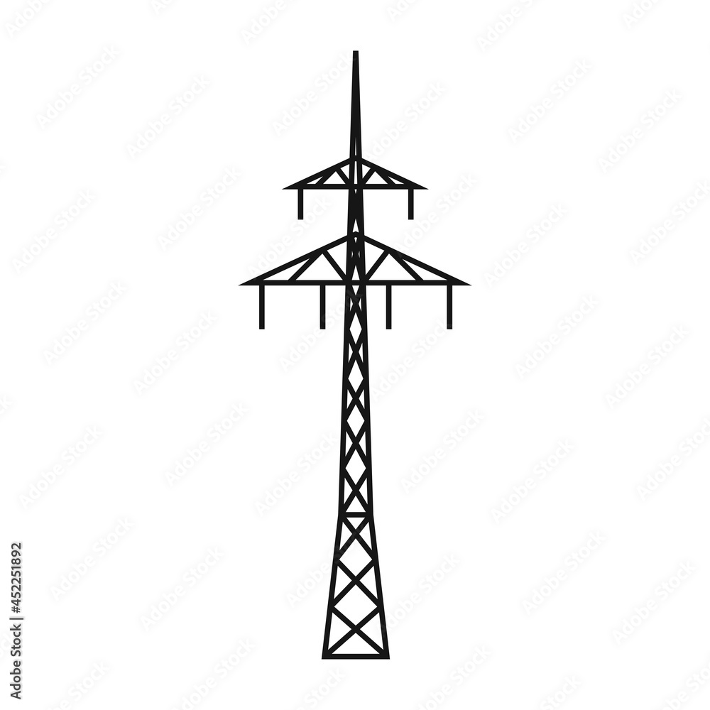 Electric tower. A power line support is a structure for holding wires. Support of an overhead power transmission line. Vector illustration isolated on a white background for design and web. Electric tower. A power line support is a structure for holding wires. Support of an overhead power transmission line. Vector illustration isolated on a white background for design and web.