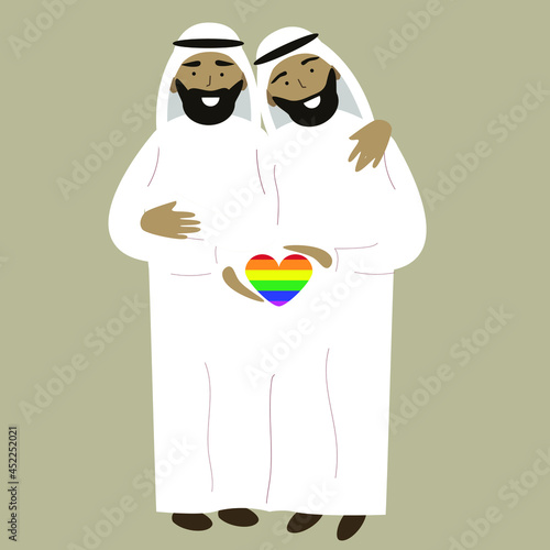 Two Arab gay men are hugging each other and holding a rainbow heart.