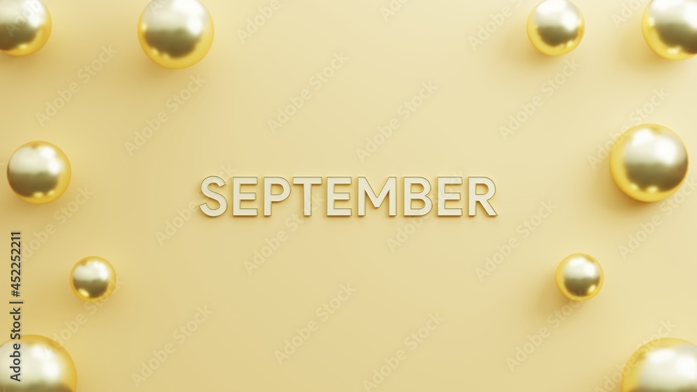 text september with elegant background with realistic balloons gold. copy space gold background. 3d illustration rendering - obrazy, fototapety, plakaty 