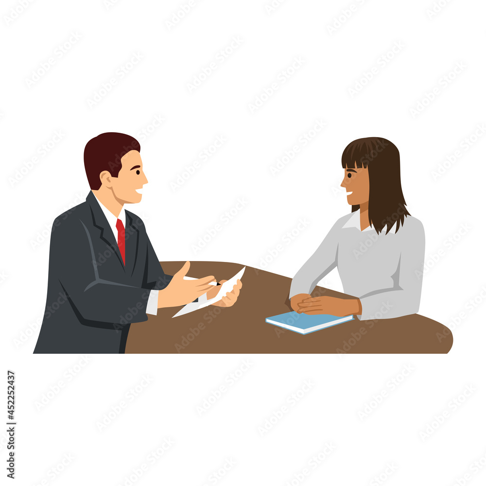 Interview, Negotiation, Meeting Flat Landing Page Mockup. Cartoon Man and Woman Characters Having Business Conversation. HR Manager and Job Seeker Sitting at Office Table. Vector Illustration Interview, Negotiation, Meeting Flat Landing Page Mockup. Cartoon Man and Woman Characters Having Business Conversation. HR Manager and Job Seeker Sitting at Office Table. Vector Illustration