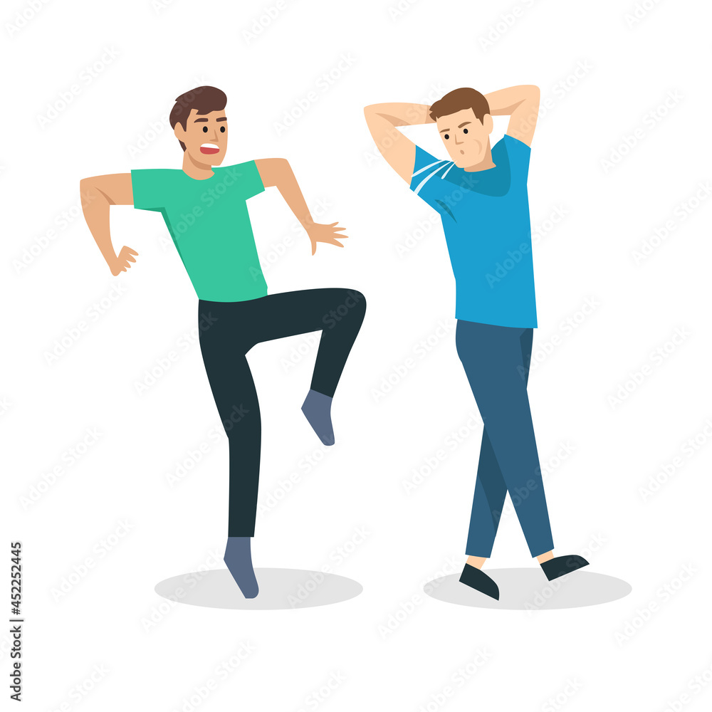 Young male character spitting to another man at public. Flat vector illustration template. Young male character spitting to another man at public. Flat vector illustration template.