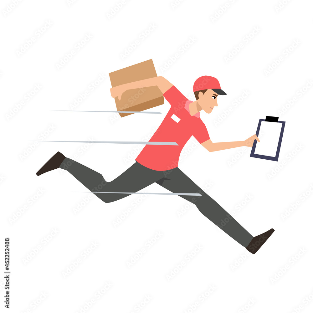 courier boy running delivery package box to customer, express delivery service symbol cartoon flat illustration vector isolated in white background courier boy running delivery package box to customer, express delivery service symbol cartoon flat illustration vector isolated in white background