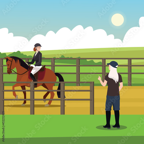 Set. Equestrian sports, horse riding. Woman jockey on a gray horse with apples. Isolated vector silhouette on a blue background. Original stylish social media icon, stickers