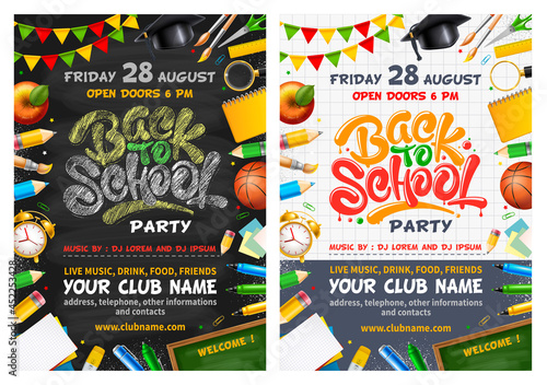 Back to School bright party posters with unique hand drawn chalk lettering Back to school. Realistic school subjects as frame around. Chalkboard and checkered paper on backdrop. Vector illustration.