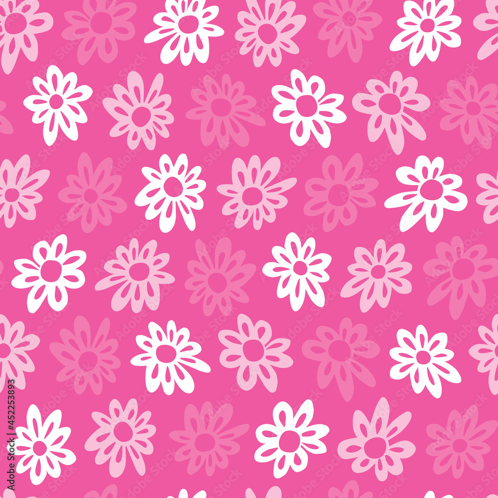 Vector rows of pink cut out daisy flowers repeat pattern. Suitable for textile, gift wrap and wallpaper.