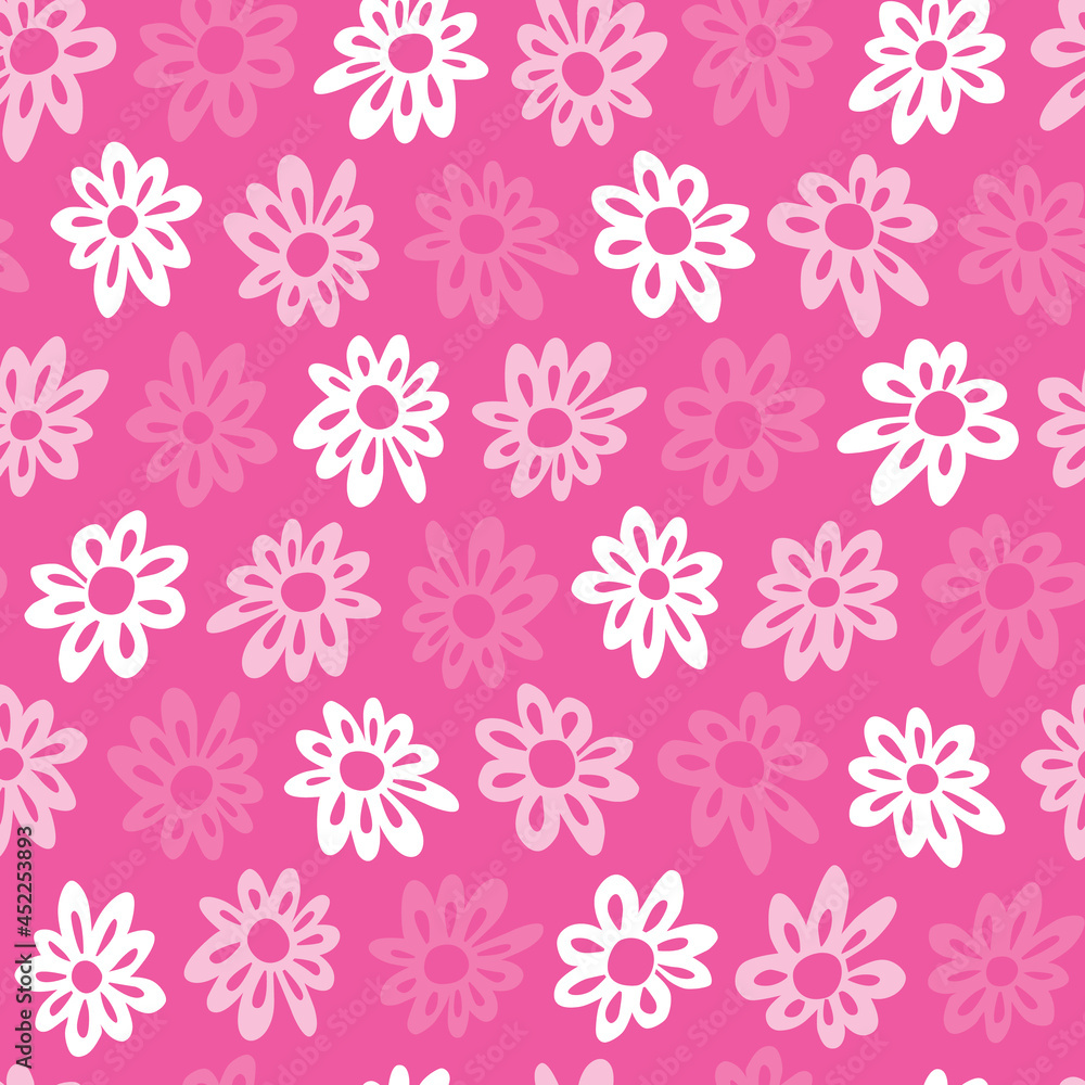 Vector rows of pink cut out daisy flowers repeat pattern. Suitable for textile, gift wrap and wallpaper. Vector rows of pink cut out daisy flowers repeat pattern. Suitable for textile, gift wrap and wallpaper.