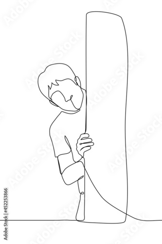 man bending over looks out from behind a door or around a corner - one line drawing. concept of peeping, curiosity, asking permission to enter