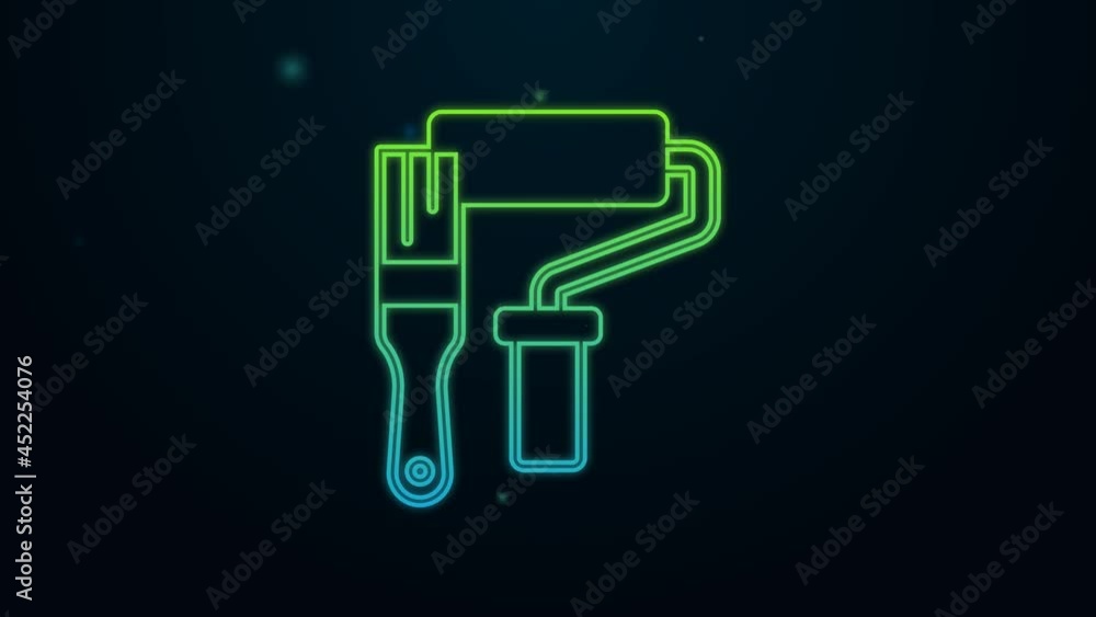 Glowing neon line Paint roller brush icon isolated on black background. 4K Video motion graphic animation Glowing neon line Paint roller brush icon isolated on black background. 4K Video motion graphic animation