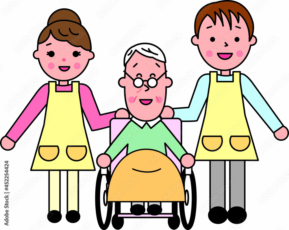 高齢男性が乗る車椅子に寄り添う介護の男女