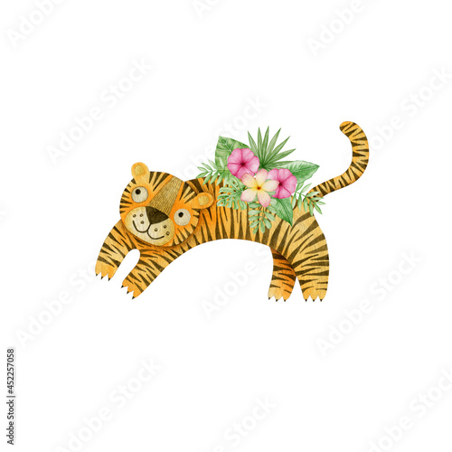 Watercolor illustration of a tiger  tropical leaves and flowers isolated on a white background.