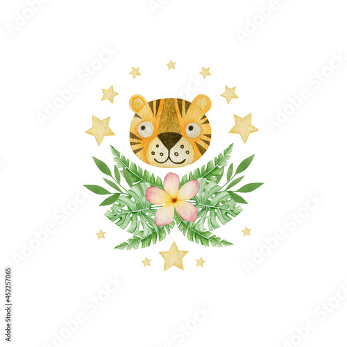 Watercolor illustration of a tiger, tropical leaves and flowers isolated on a white background. © KiraKonoshenko