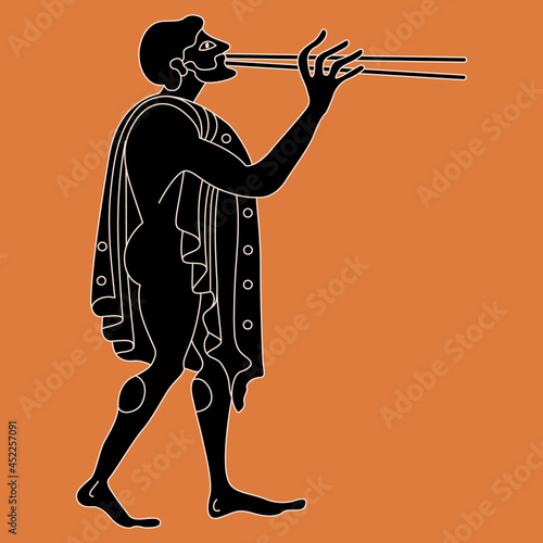 Standing ancient Greek man flaying flute. Vase painting style.