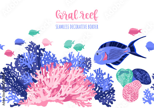 Sea border pattern with tropical fishes and corals.