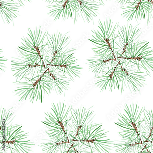 Pine branches watercolor seamless pattern. Template for decorating designs and illustrations. 