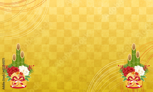正月飾りの門松と市松模様の金色のベクターイラスト背景(和柄,日本,年末年始,コピースペース)