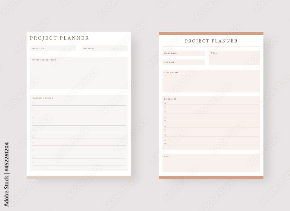 Project planner template. Set of planner and to do list. Modern planner