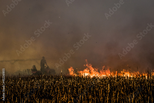 Anonymous farmer silhouette fighting fire in agricultural farming field with all of smoke and heat haze, hot fire in agriculture farm field photo