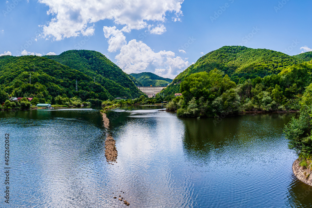 Fototapeta premium Landscape towards Tarnita Dam reservoir on Somesul Cald river in Cluj county, Transylvania, Romania