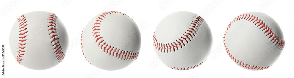 Set with traditional baseball balls on white background, banner design. Sportive equipment - obrazy, fototapety, plakaty 