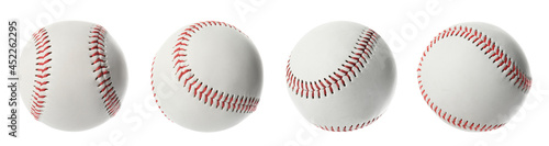 Photo Set with traditional baseball balls on white background, banner design