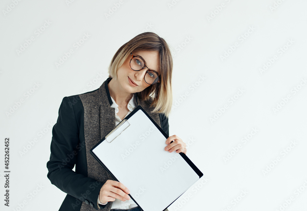 Business woman with folder in hands blank sheet Copy Space Business woman with folder in hands blank sheet Copy Space