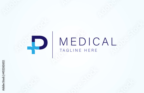 Medical logo. letter p with medical cross icon combination, flat  logo design template, vector illustration