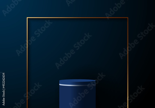 3D realistic elegant blue cylinder with gold square frame on dark blue background