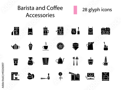 Coffee making appliance glyph icons set. Apron, scale, measuring cup. Isolated vector stock illustration