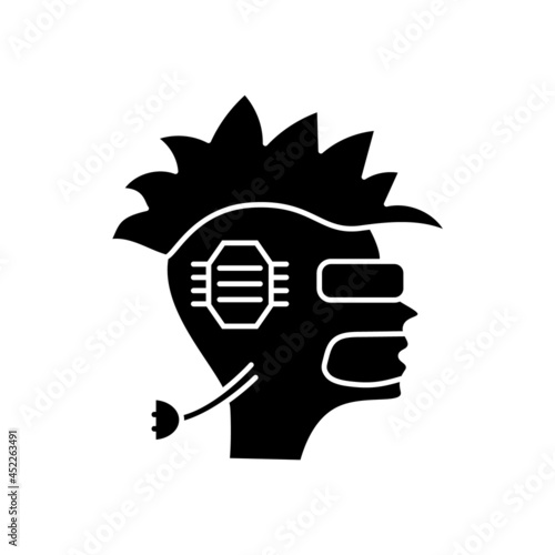 Human head with microchip glyph icon. Skull with mohawk. Cyberpunk concet. High tech technology