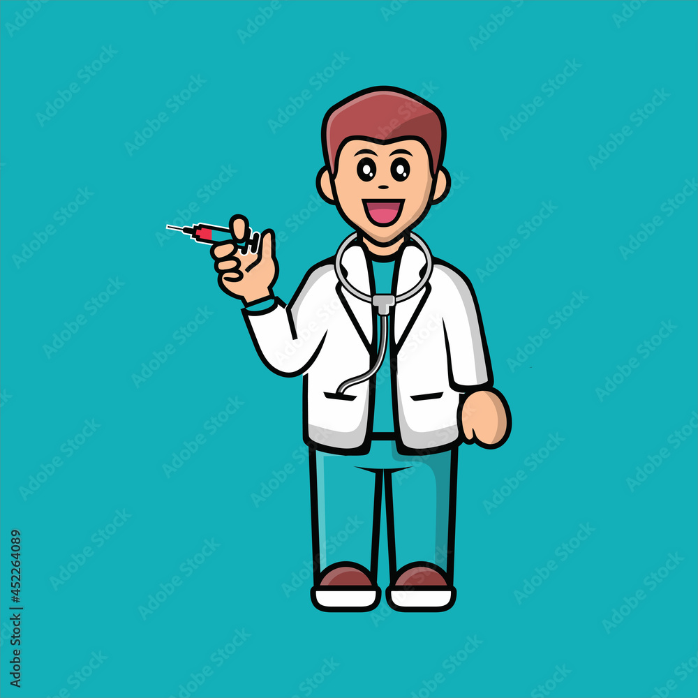 cute doctor cartoon, vector illustration of Happy Doctor Holding Syringe, Flat Cartoon Style
