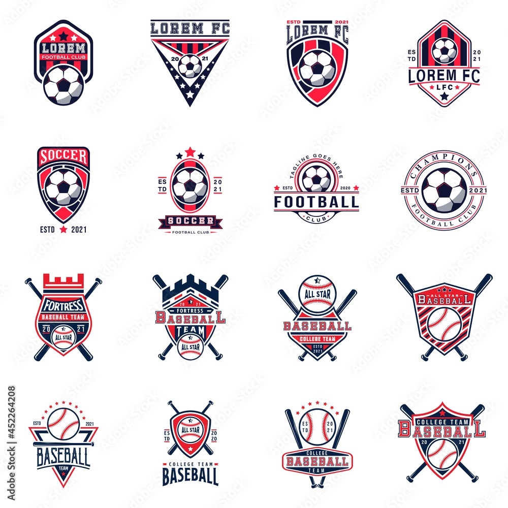Naklejka premium Set of Soccer Football and Baseball Team Badge Logo Design Templates. Sports Team Identity Vector Illustrations isolated on white background. Collection of Sport Logo Themed T-shirt Graphics