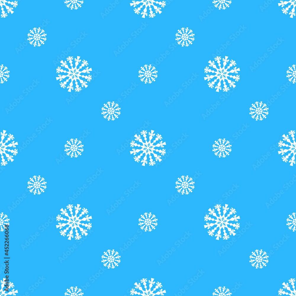 Winter seamless pattern with white snowflakes on blue background. Vector illustration for fabric, textile wallpaper, posters, gift wrapping paper. Christmas vector illustration Winter seamless pattern with white snowflakes on blue background. Vector illustration for fabric, textile wallpaper, posters, gift wrapping paper. Christmas vector illustration