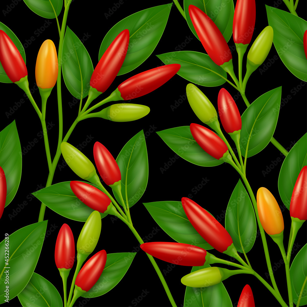 Obraz premium Vegetable seamless pattern with Bird's eye chili pepper plant. Branches with red, orange and green pods and leaves on black background. Realistic vector illustration.