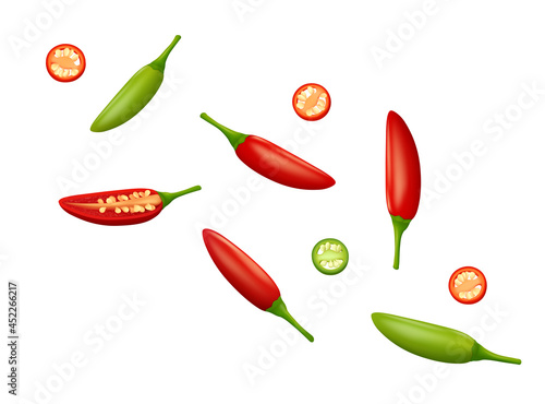 Scattered green and red bird's eye chili peppers with halved pod and slices isolated on white background. Realistic vector illustration.